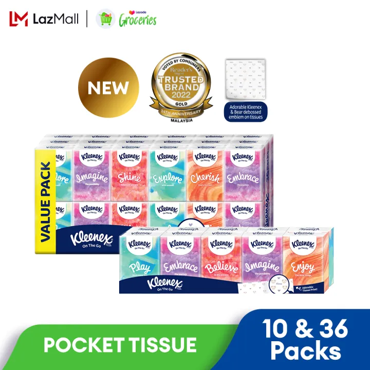 Kleenex Hanky Pack Pocket Tissue 3 Ply (9s x 10 Packs) - Travel Tissue