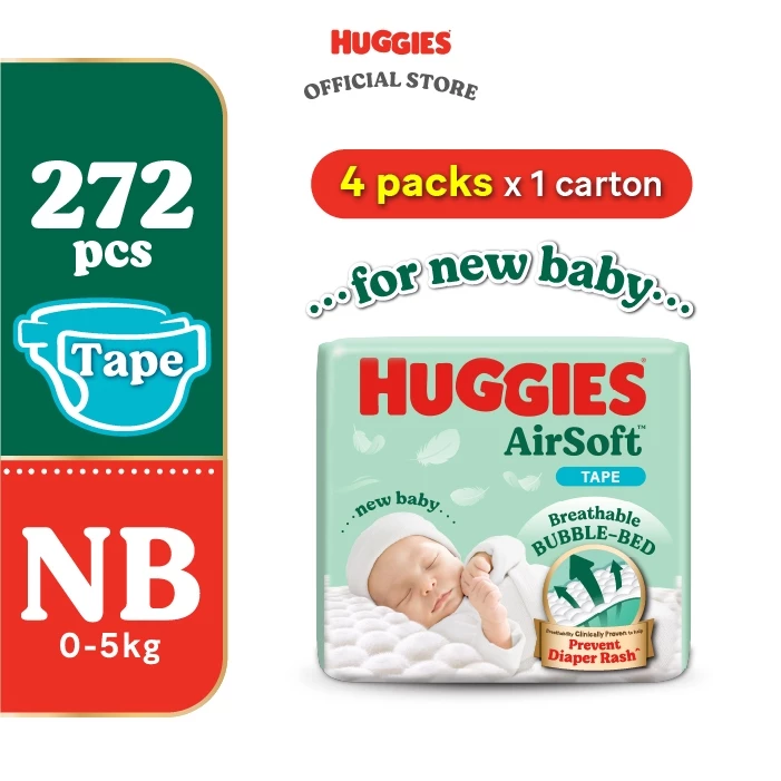 HUGGIES AirSoft Tape NB68/ S58/ M52/ L44/ XL38 (4 Packs) - Breathable and soft premium diapers for baby
