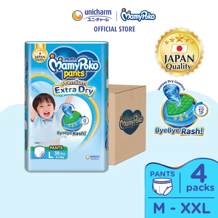 MamyPoko Extra Dry Pants Premium Baby Diapers M48/L38/XL32/XXL26 (4 Packs)