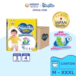 MamyPoko Standard Dry Absorb Pants Baby Diapers M60/ L48/ XL40/ XXL32+2 (Carton)